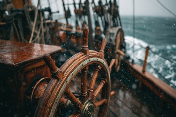 Wooden Ship's Wheel close up during Stormy Weather at Sea; nautical adventure on the ocean in rough conditions