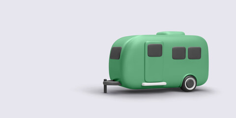 Green Travel Camper Trailer In 3d Minimal Style, Perfect For Adventure, Holiday, And Camping Concepts With Clean Background. Vector Illustration.