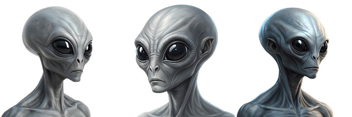 Three grey alien heads isolated on transparent background, sci-fi