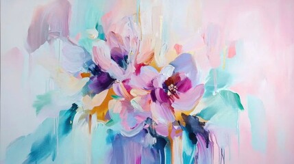 A vibrant abstract painting of flowers in various colors and shapes.