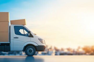 White delivery truck or van driving on a road in a blurred urban city setting under a bright sky, ideal for fast-paced urban transport and logistics concepts.