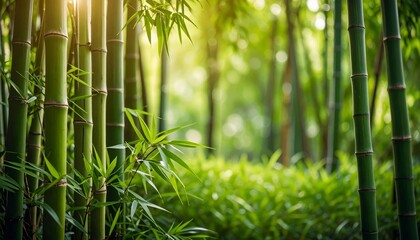 Minimalist nature scene of tall bamboo plants, light green tones and airy composition