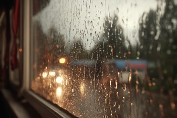 Raindrops on Window Pane View of Street Lights and Traffic During Rainy Day Atmospheric Perspective