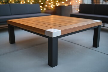 Modern outdoor coffee table design with light wood top.