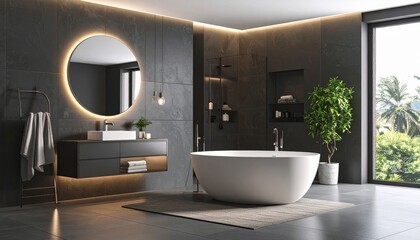 Minimalist designer bathroom with freestanding bathtub, dark tile flooring and walls, illuminated circle mirror, modern towel rack