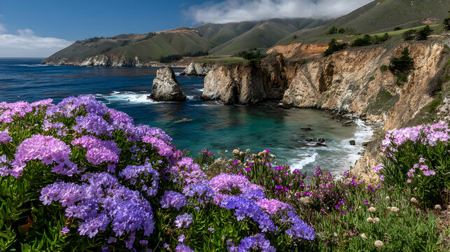 coastal road with ocean view and vibrant wildflowers