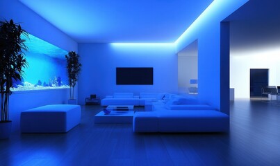 Modern living room, blue LED lighting, aquarium, night