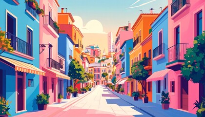 Fototapeta premium Colorful cartoon city skyline with tall buildings in vibrant shades of pink, orange, and blue, comic book style