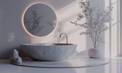 Modern minimalist bathroom, bathtub, sunlight, plant, calm. Design inspiration