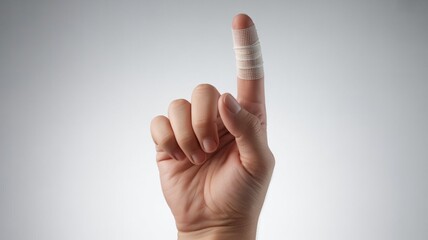 Close Up of a Hand with Bandaged Index Finger Isolated on Gray Background