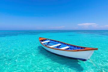 Naklejka premium Small boat on pristine beach with turquoise water