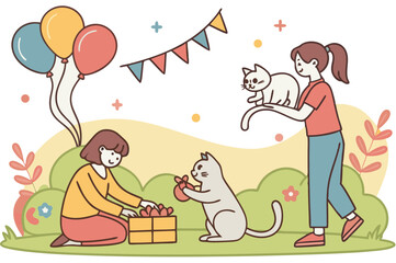 Fototapeta premium Cute cats and funny kitten, Happy international cat day characters design collection with flat color in different poses.