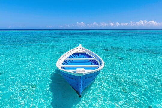 Wooden rowboat anchored on secluded crystal clear seashore