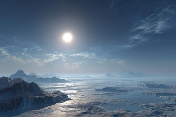 Naklejka premium Icy Alien Planet Landscape, Sun, Mountains