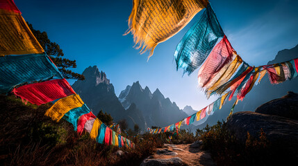 flags fluttering on a mountain pass under blue sky