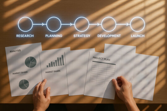 A person reviews project documents, charts, and a plan under a business process flow diagram with stages from research to launch.