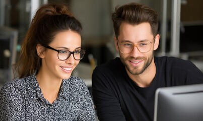 Two young professionals collaborating on a computer in a modern office setting; image suitable for business, teamwork, and technology stock photos