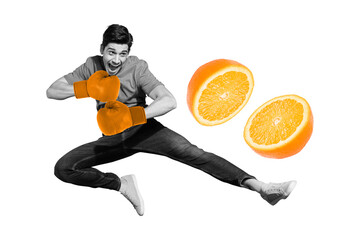 3d retro abstract creative artwork template collage of smiling excited energetic young man leg...