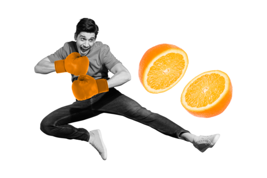 3d retro abstract creative artwork template collage of smiling excited energetic young man leg karate fight boxer gloves cut orange fruit