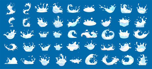 Cartoon milk splashes set. White milkshake swirls blots drops waves, yogurt cream dairy product logo vector illustration