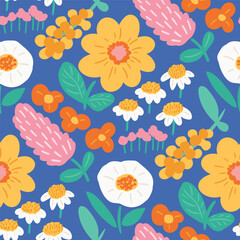 Plakat Abstract artistic florals seamless pattern background vector. Colorful botanical wallpaper with flower, foliage. Design for prints, cover, fabric, packaging, wall art, home decor. 