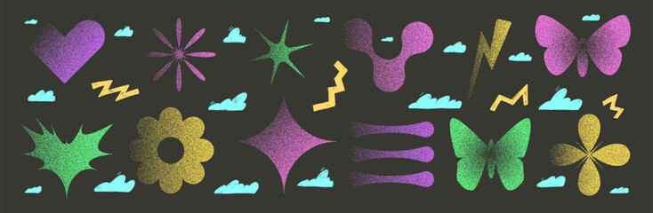 Vibrant geometric figures with grain noise gradient. Y2k retro stippling forms set. Butterfly, heart and star, molecule, flower icons isolated on dark background. Vector gritty shapes illustration.