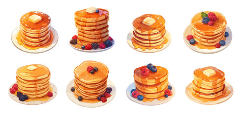 Cartoon pancake stack set. Tasty sweet breakfast food pile with butter, maple syrup and berries vector illustration