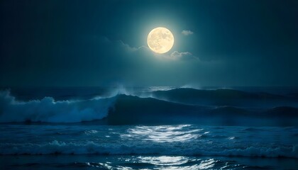 Full Moon Rising Over Ocean Waves at Night