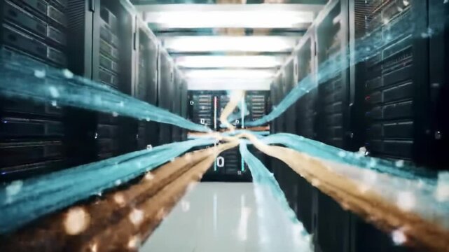 Inside a cutting-edge data center, rows of servers illuminate as data flows rapidly through the corridors. Technology pulses with energy, showcasing innovation and connectivity at its best.