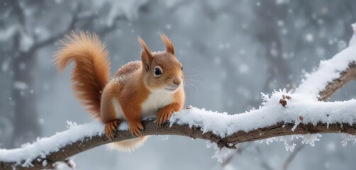 Fototapeta premium Tiny red squirrel perched on snowy branch, delicate snowflakes fall, snow, branch, photography
