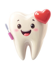 Isolated transparent Cute cartoon tooth character promoting dental health with a smiling face and brush. PNG die-cut element for advertising