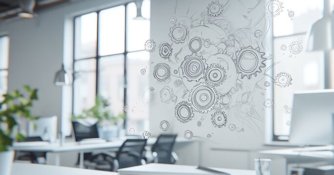 Modern office space with abstract gear design