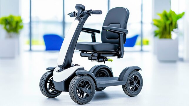Disabled parking space with mobility scooter near building entrance