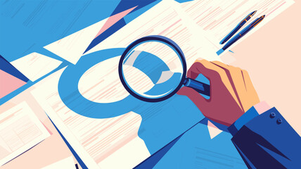 Hand magnifying glass. Cartoon inspection documents research analytics search loupe concept vector illustration