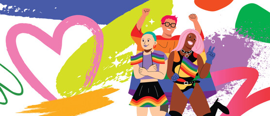 Happy Pride month background vector. LGBTQ community symbol with man and woman, rainbow flag. Support design for celebration, bisexual, transgender, gender equality, rights, ads.