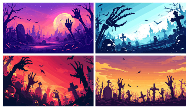 Halloween graveyard. Cartoon night cemetery with zombie skeleton hands graves tombstones spooky trees moon vector illustration