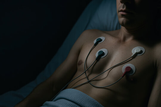 A man lies in bed with medical electrodes attached to his chest, monitoring his heart or vital signs.
