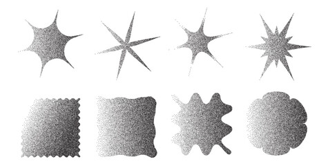 Geometric brutalist figures with grain noise gradient texture. Y2k retro stippling forms set. Squares, stars and flower icons on white background. Vector gritty monochrome gradation illustration.