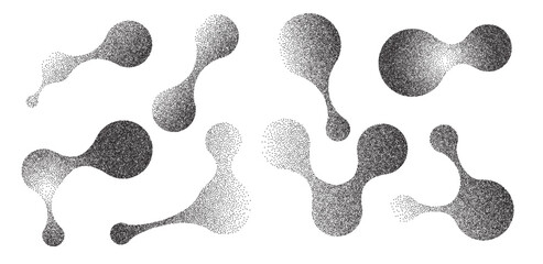 Organic connection figures with grain noise gradient texture. Y2k retro stippling metaball molecule forms set. Nano biology icons on white background. Vector gritty gradation shapes illustration.