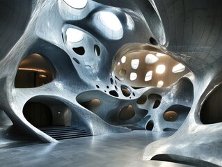 Futuristic interior design with organic architecture and skylights in a modern building from low angle