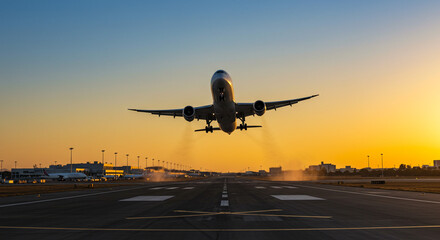 Airplane landing at sunrise.
