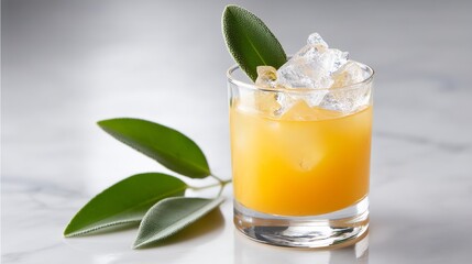 Glass of orange juice with a leaf on top. The glass is half full and the leaf is green
