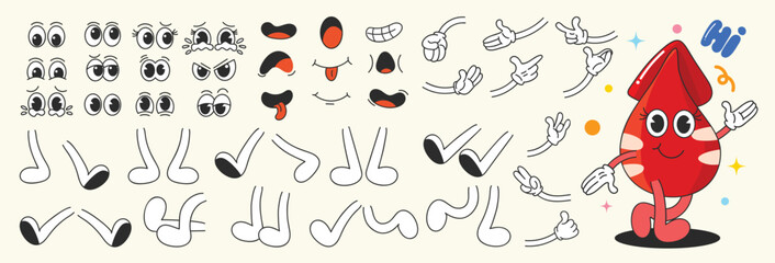 Set of 70s groovy comic faces vector. Collection of cartoon character faces, leg, hand in different emotions happy, angry, sad, cheerful. Cute retro groovy hippie illustration for decorative, sticker. © TWINS DESIGN STUDIO