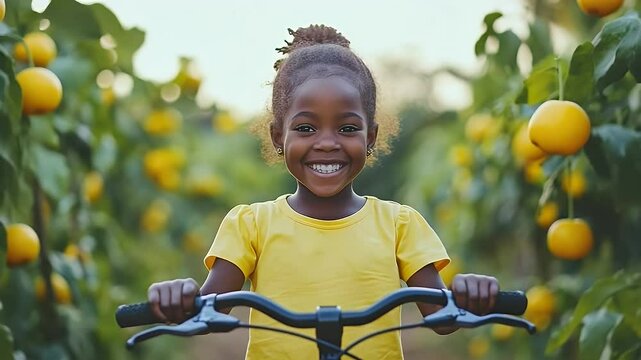 Smiling child on bike in orchard