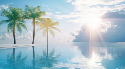 Tropical paradise scene with palm trees reflecting in tranquil water.
