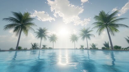 Tropical paradise pool scene under a bright sky.