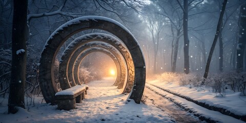 Naklejka premium Enchanting Winter Scene Snow-Covered Stone Archway Leading to a Glowing Path