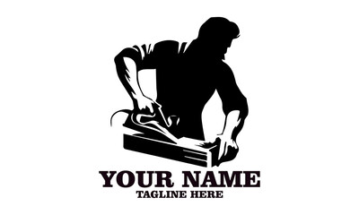 illustration carpenter with planing tool, carpentry work on wood emblem. Joinery, woodwork, woodworking badge or symbol vector and logo icon