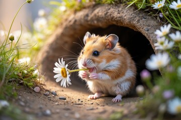 A delightful miniature hamster presents a delicate daisy bloom from its cozy soil den
