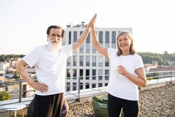 Elderly man and woman celebrating fitness exercise with a high five on rooftop. Outdoors setting with urban skyline in background. Concept of health, happiness, and active lifestyle in senior age.